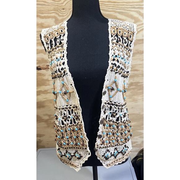 Vtg Ann Tjian For Kenar Open Knit Crochet Vest Medium Petite Boho Festival - Picture 5 of 11